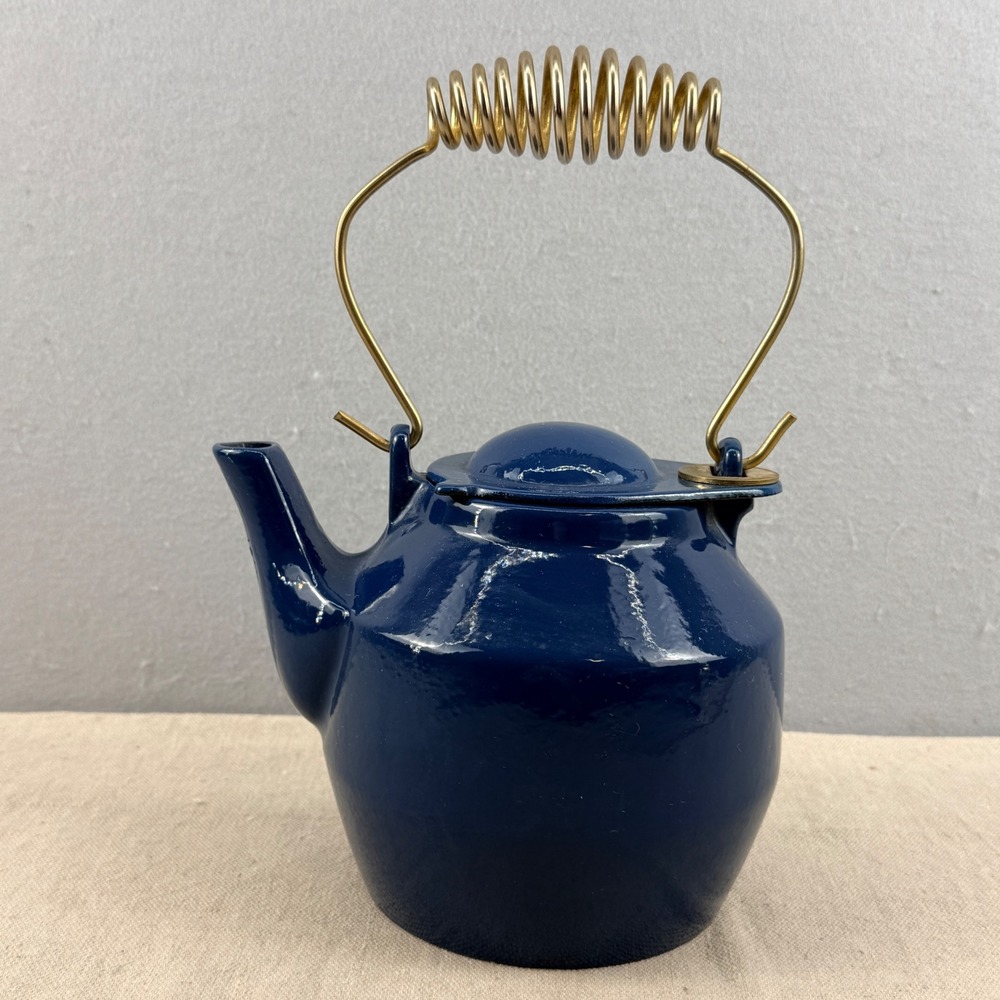 MCM Blue Enamel Cast Iron Teapotโ Spring Handle Quistgaard Style Danish Modern